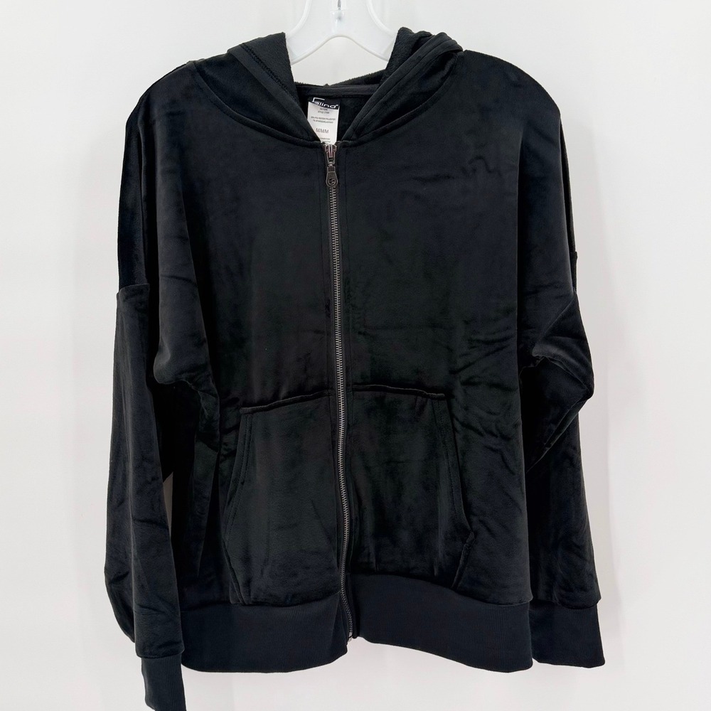 FELINA Black Velour Full Zip Hoodie Sweatshirt Women Medium Velvet Loungewear